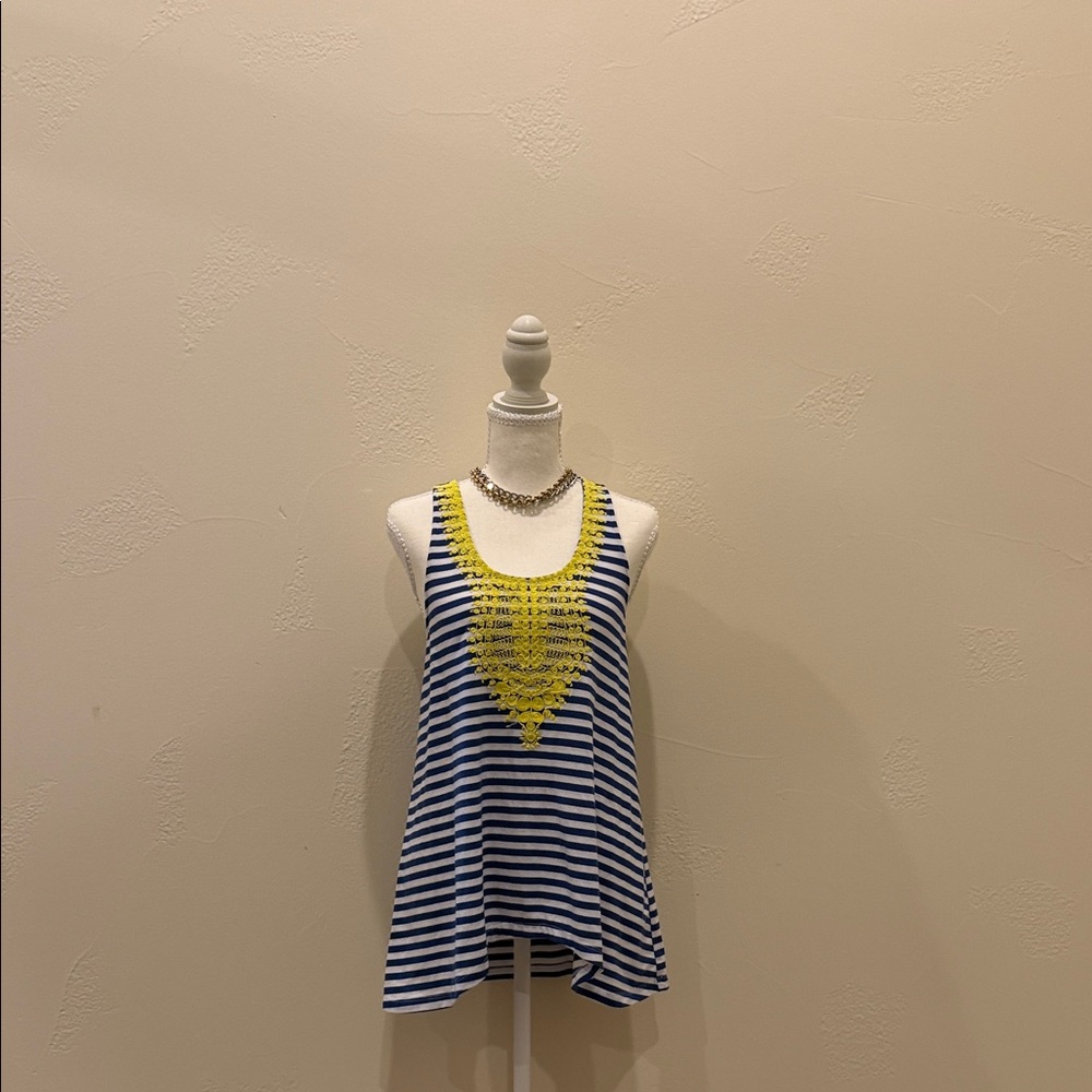 THML-Striped Blue & White Tank with Yellow Crochet Accent